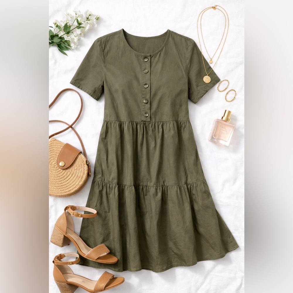 Madewell Olive Green Tiered Cotton Button-Front Babydoll Mini Dress XS - Picture 2 of 7